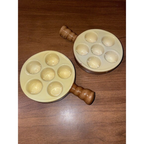 Pair Modele Depose VTG Escargot Dishes Made in France Yellow Brown Rustic